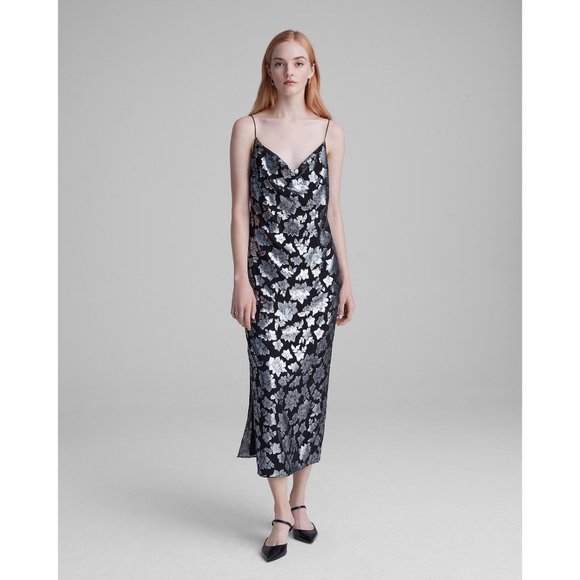 Club Monaco Silk Slip Jacquard Midi Dress Floral Sleeveless Cowl Wedding Guest - Picture 14 of 14